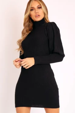 Rebellious Fashion Black High Neck Balloon Sleeve Bodycon Jumper Dress - Ginna