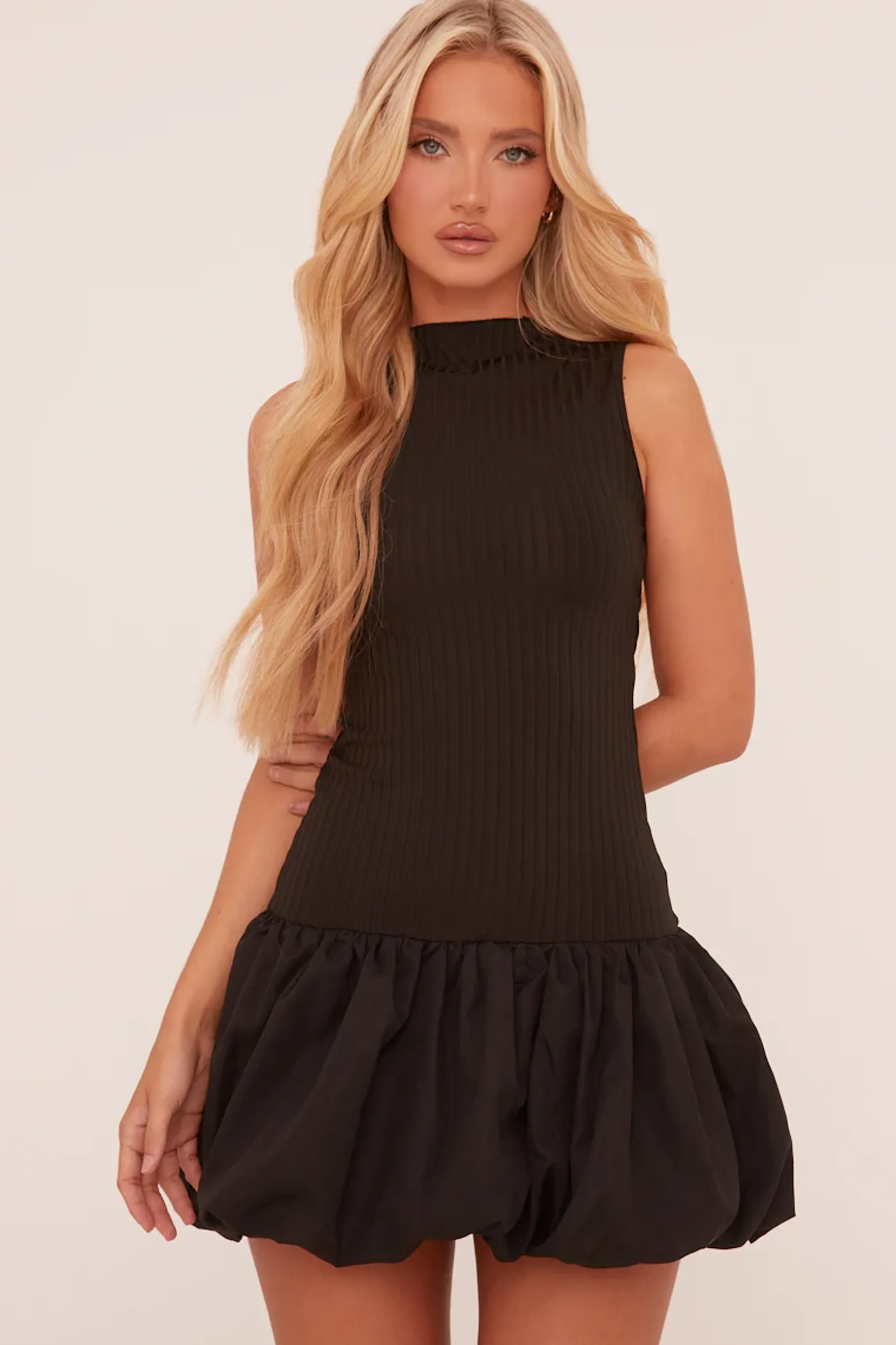 Rebellious Fashion Black High Neck Cut Out Back Puffball Mini Dress - Aima