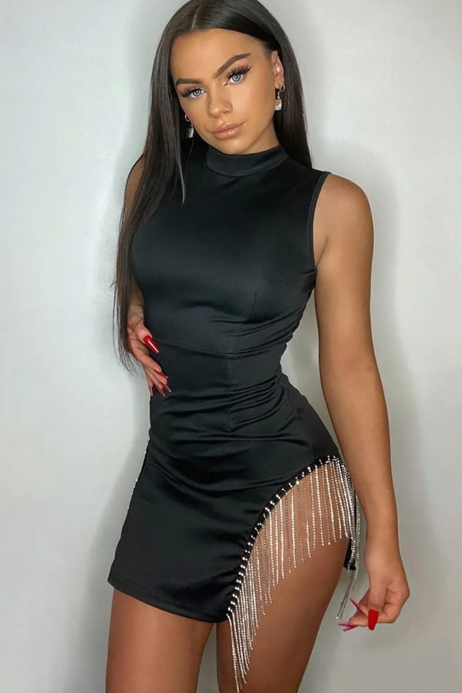 Rebellious Fashion Black High Neck Embellished Hem Mini Dress - Crystal
