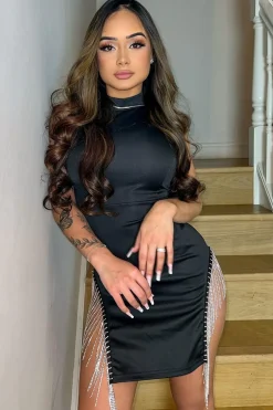 Rebellious Fashion Black High Neck Embellished Hem Mini Dress - Crystal