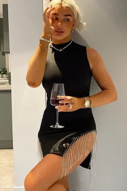 Rebellious Fashion Black High Neck Embellished Hem Mini Dress - Crystal