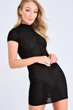 Rebellious Fashion Black High Neck Mesh Bodycon Dress - Elany