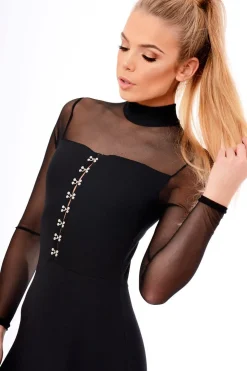 Rebellious Fashion Black High Neck Mesh Eyelet Detail Midi Dress - Indy