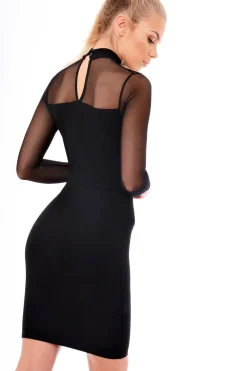 Rebellious Fashion Black High Neck Mesh Eyelet Detail Midi Dress - Indy