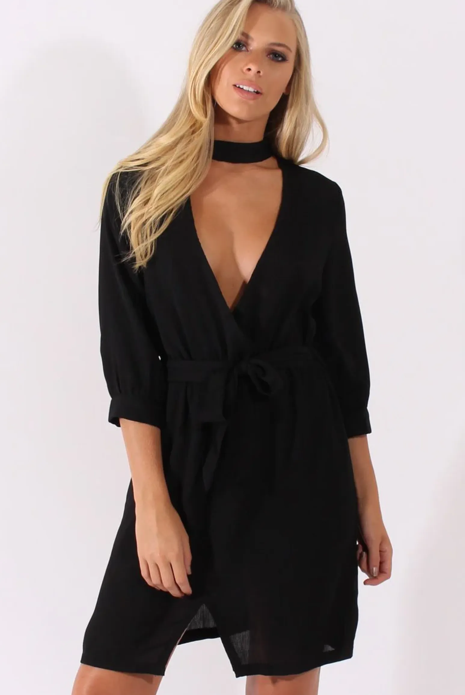 Rebellious Fashion Black High Neck Plunge Tie Waist Dress - Trinity