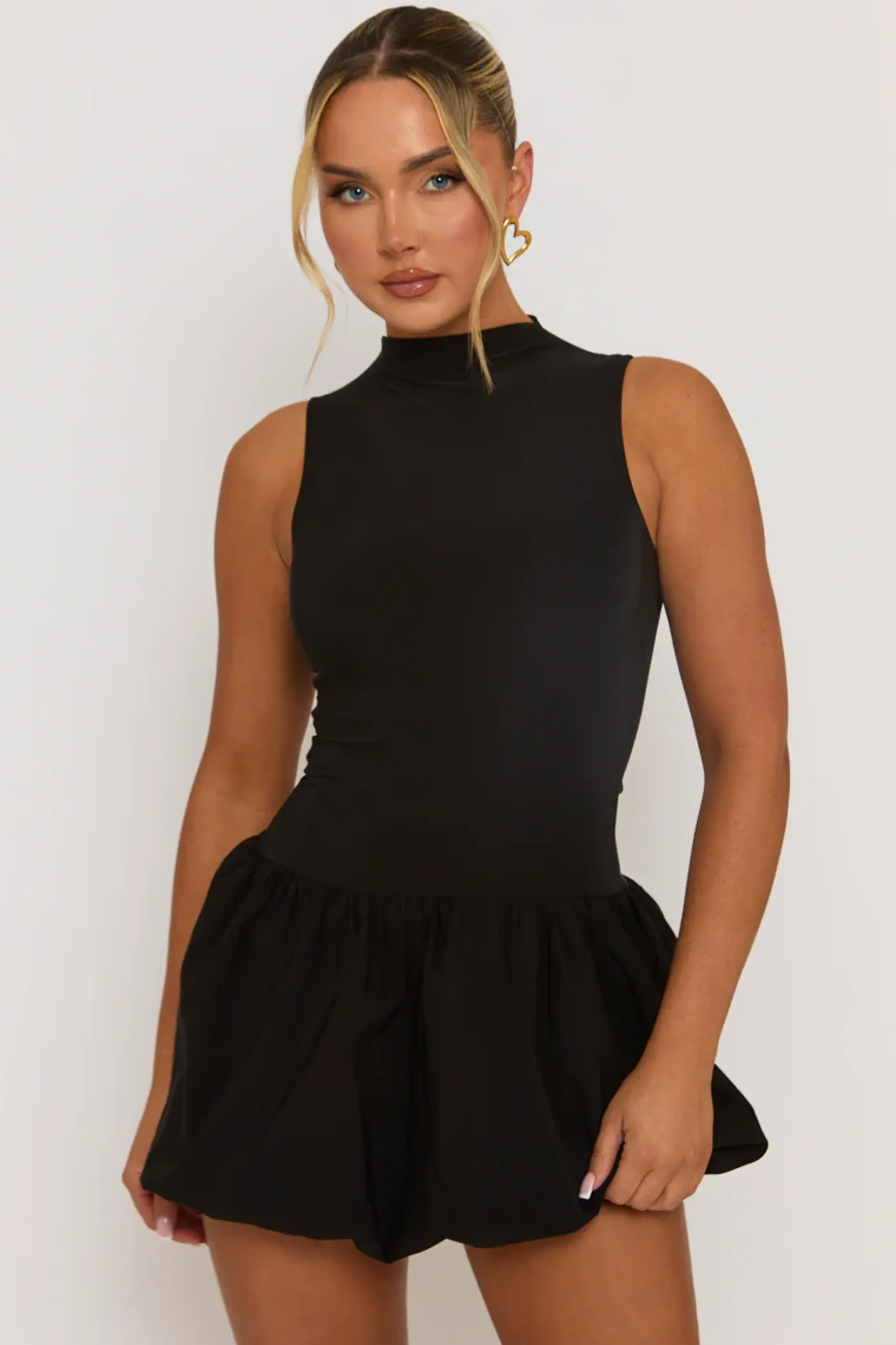 Rebellious Fashion Black High Neck Puffball Mini Dress - Carmelita
