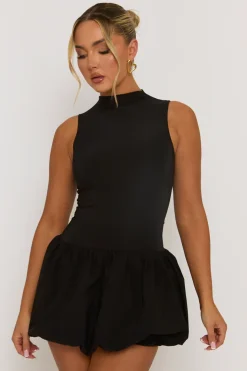 Rebellious Fashion Black High Neck Puffball Mini Dress - Carmelita