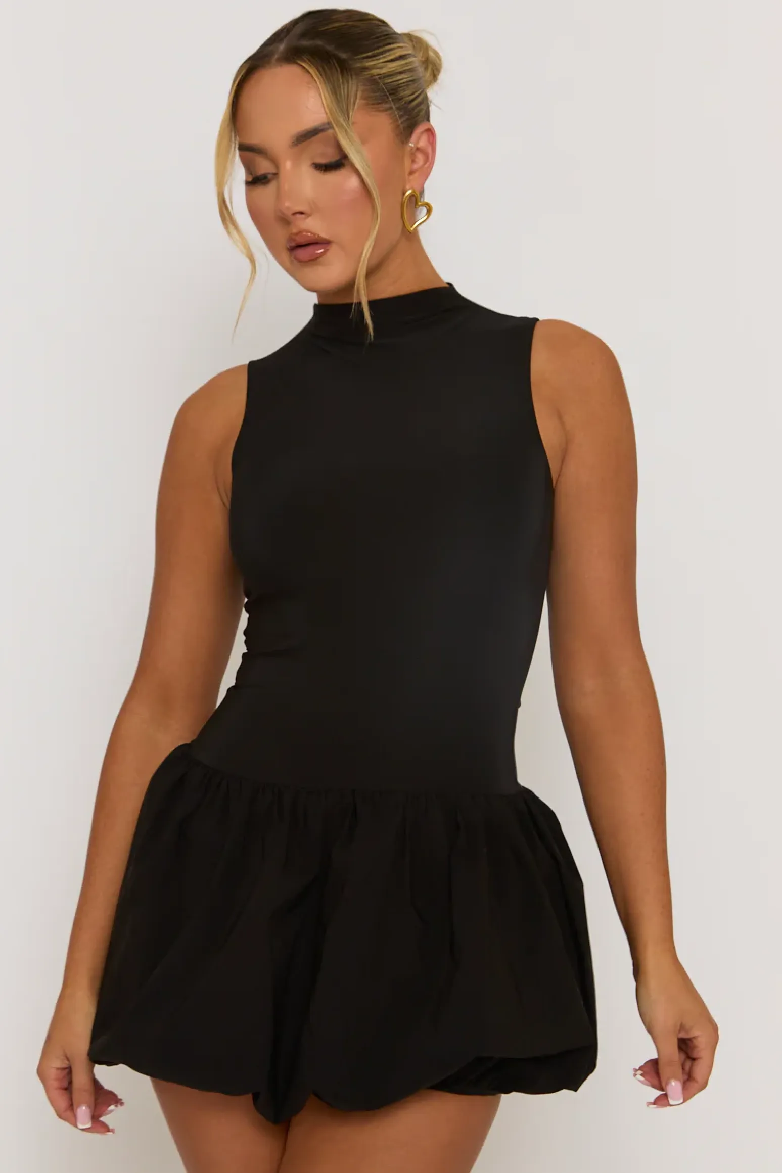 Rebellious Fashion Black High Neck Puffball Mini Dress - Carmelita