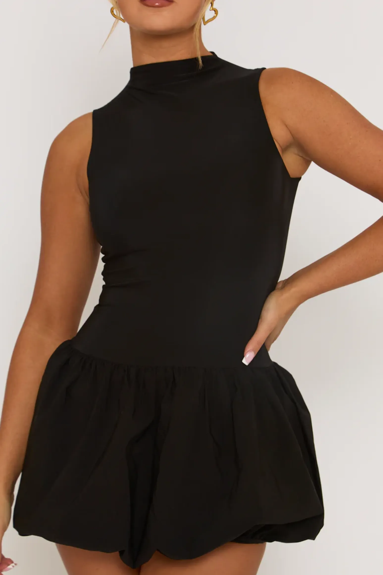 Rebellious Fashion Black High Neck Puffball Mini Dress - Carmelita