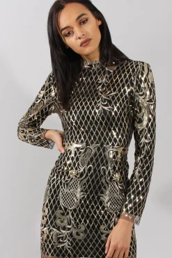 Rebellious Fashion Black High Neck Sequin Embellished Bodycon Dress - Laila