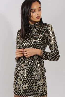 Rebellious Fashion Black High Neck Sequin Embellished Bodycon Dress - Laila