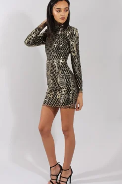 Rebellious Fashion Black High Neck Sequin Embellished Bodycon Dress - Laila