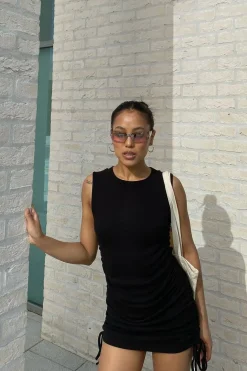 Rebellious Fashion Black High Neck Side Ruched Mini Bodycon Dress - Nia