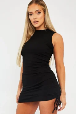 Rebellious Fashion Black High Neck Side Ruched Mini Bodycon Dress - Nia