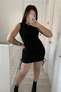 Rebellious Fashion Black High Neck Side Ruched Mini Bodycon Dress - Nia