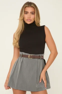 Rebellious Fashion Black High Neck Sleeveless Belt Detail Mini Dress - Caroline