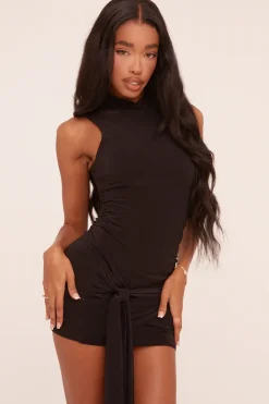 Rebellious Fashion Black High Neck Tie Front Detail Sleeveless Bodycon Mini Dress - Fanny