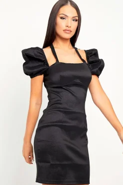 Rebellious Fashion Black High Shine Puff Sleeve Halter Mini Dress - Blanca