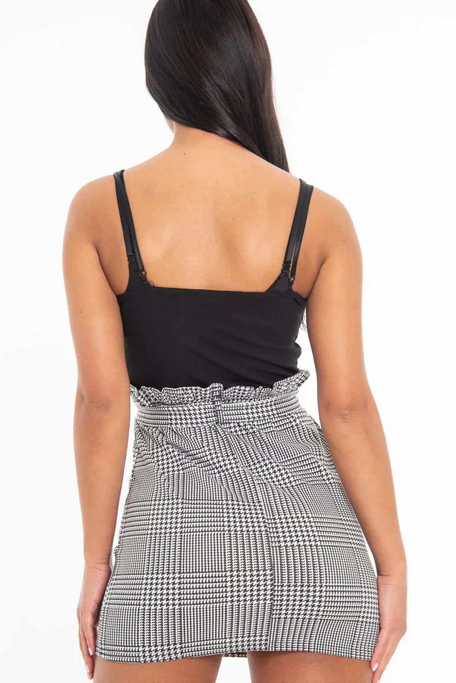 Rebellious Fashion Black Houndstooth Belted Paper Bag Waist Dress - Marnie