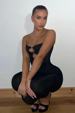 Rebellious Fashion Black Jersey Mesh Panel Bandeau Midi Dress - Lexi