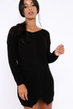 Rebellious Fashion Black Jumper Dress with Twist Knit Detail - Antonia