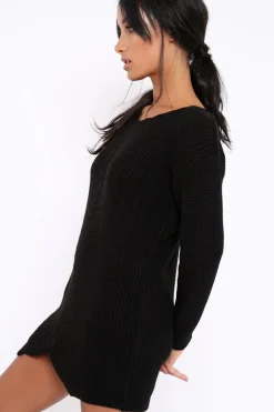 Rebellious Fashion Black Jumper Dress with Twist Knit Detail - Antonia