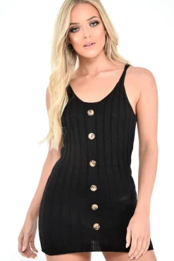 Rebellious Fashion Black Knit Button Front Cami Dress - Devora