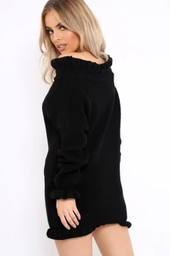 Rebellious Fashion Black Knitted Bardot Jumper Dress with Elasticated hems - Kirsty