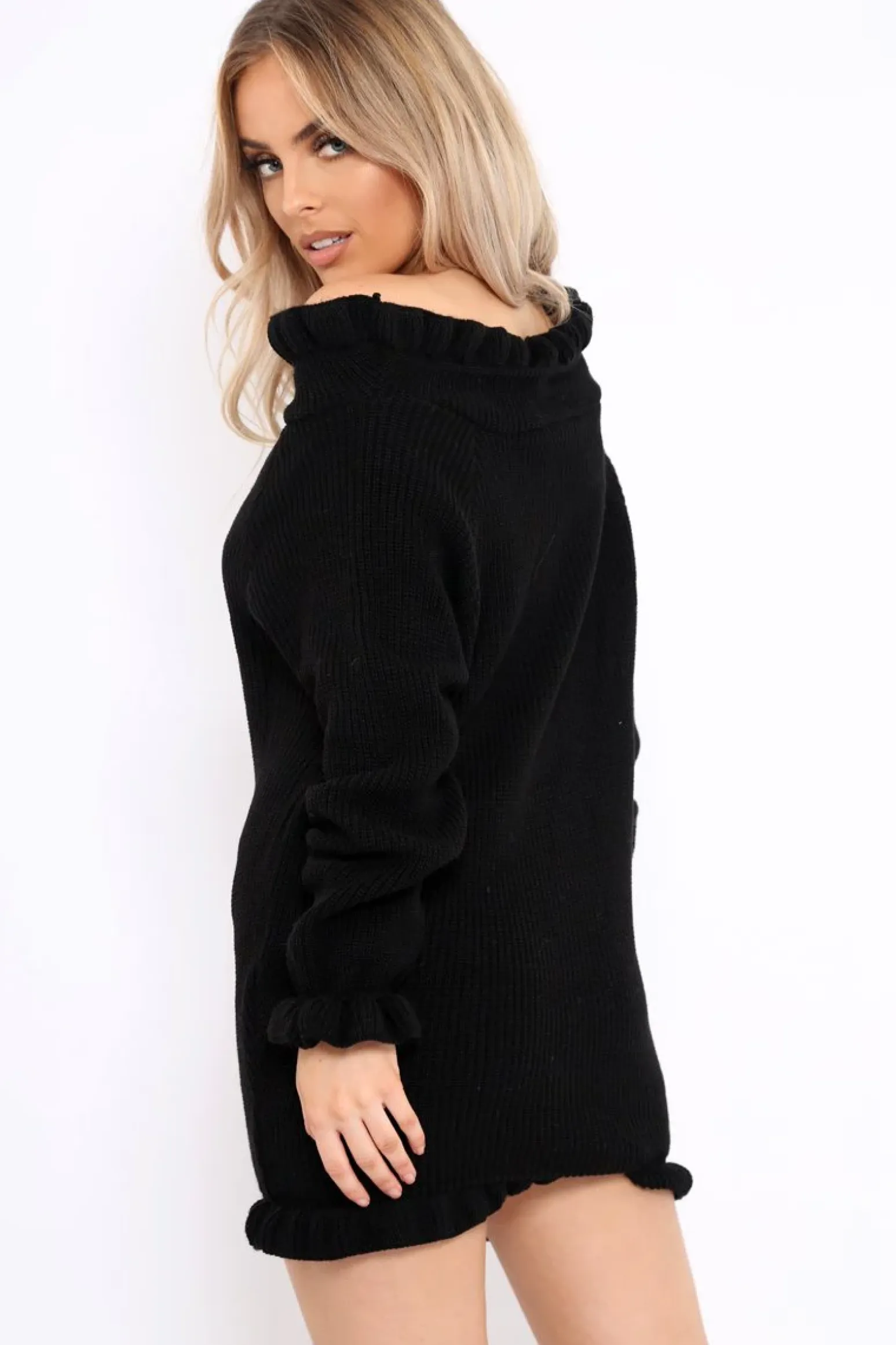 Rebellious Fashion Black Knitted Bardot Jumper Dress with Elasticated hems - Kirsty