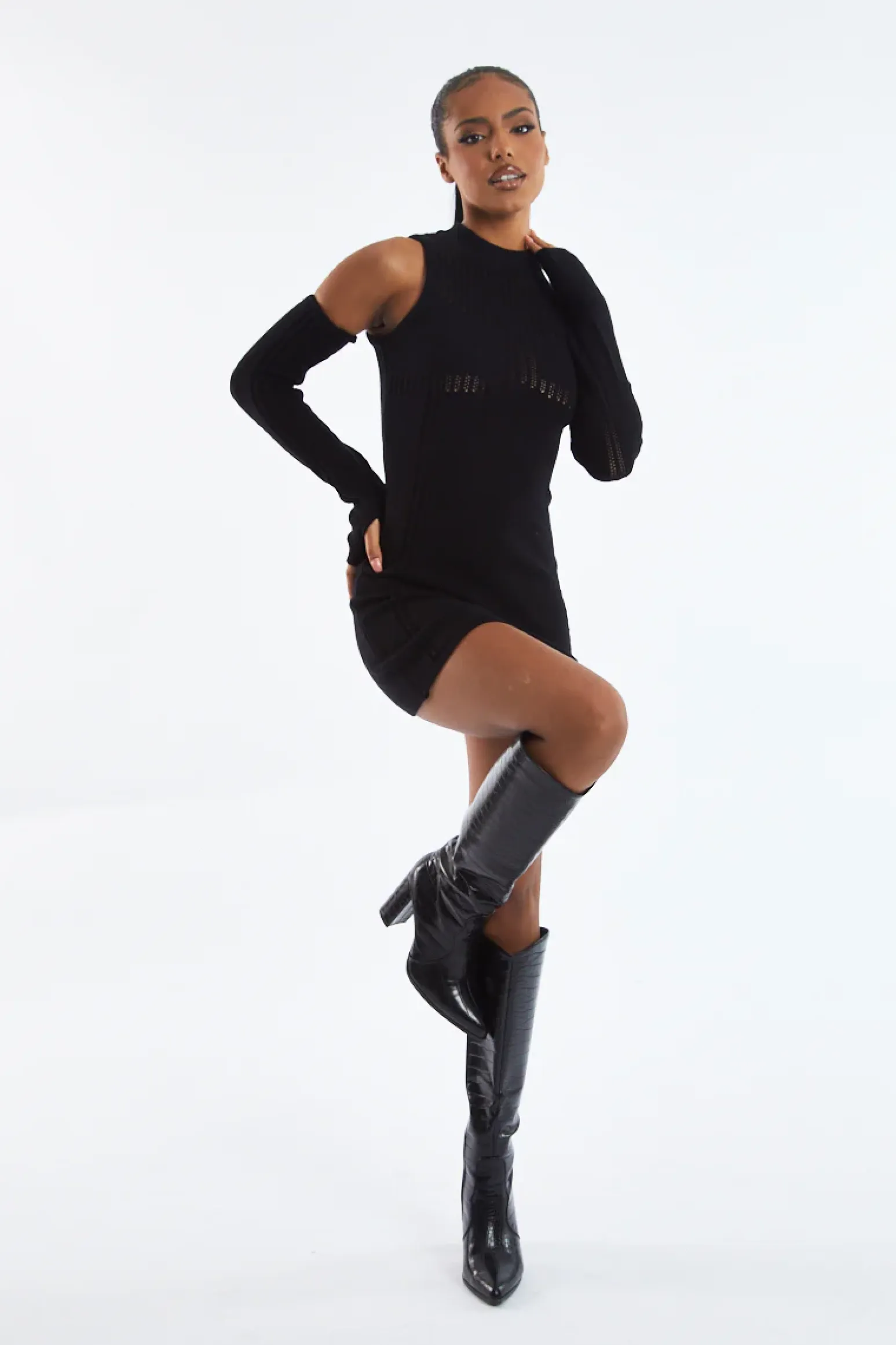 Rebellious Fashion Black Knitted Cold Shoulder Mini Dress - Ash
