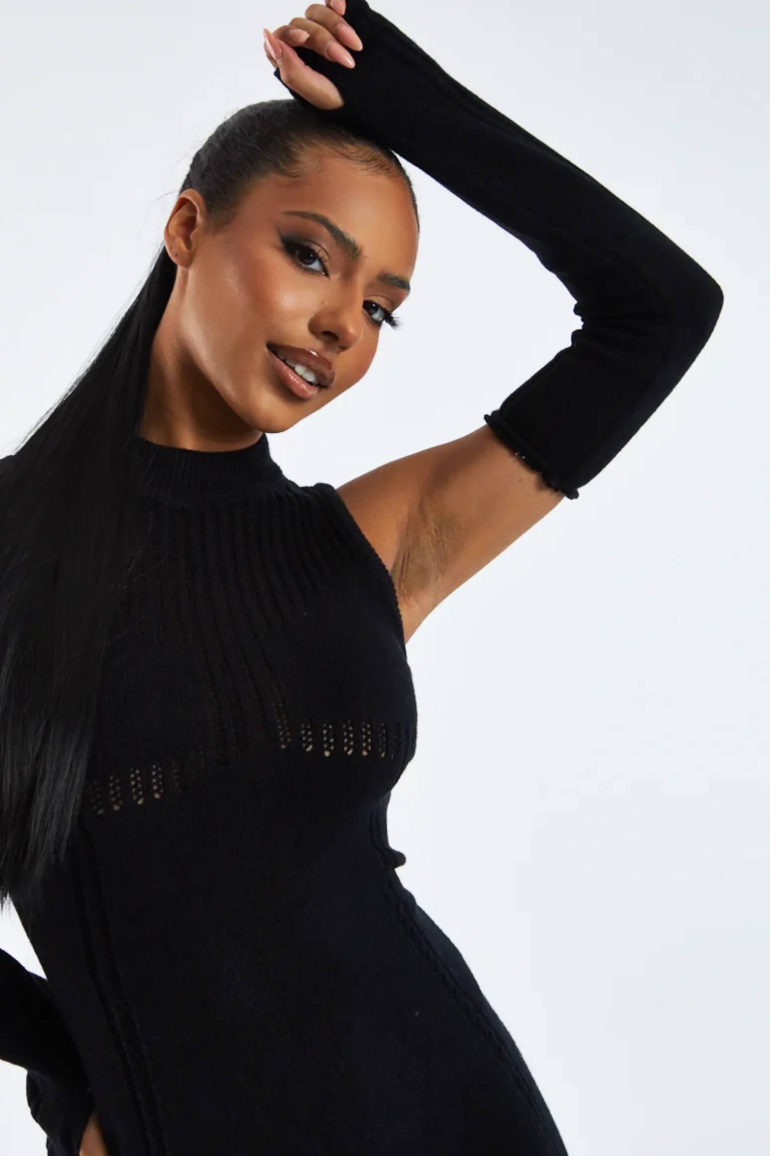 Rebellious Fashion Black Knitted Cold Shoulder Mini Dress - Ash