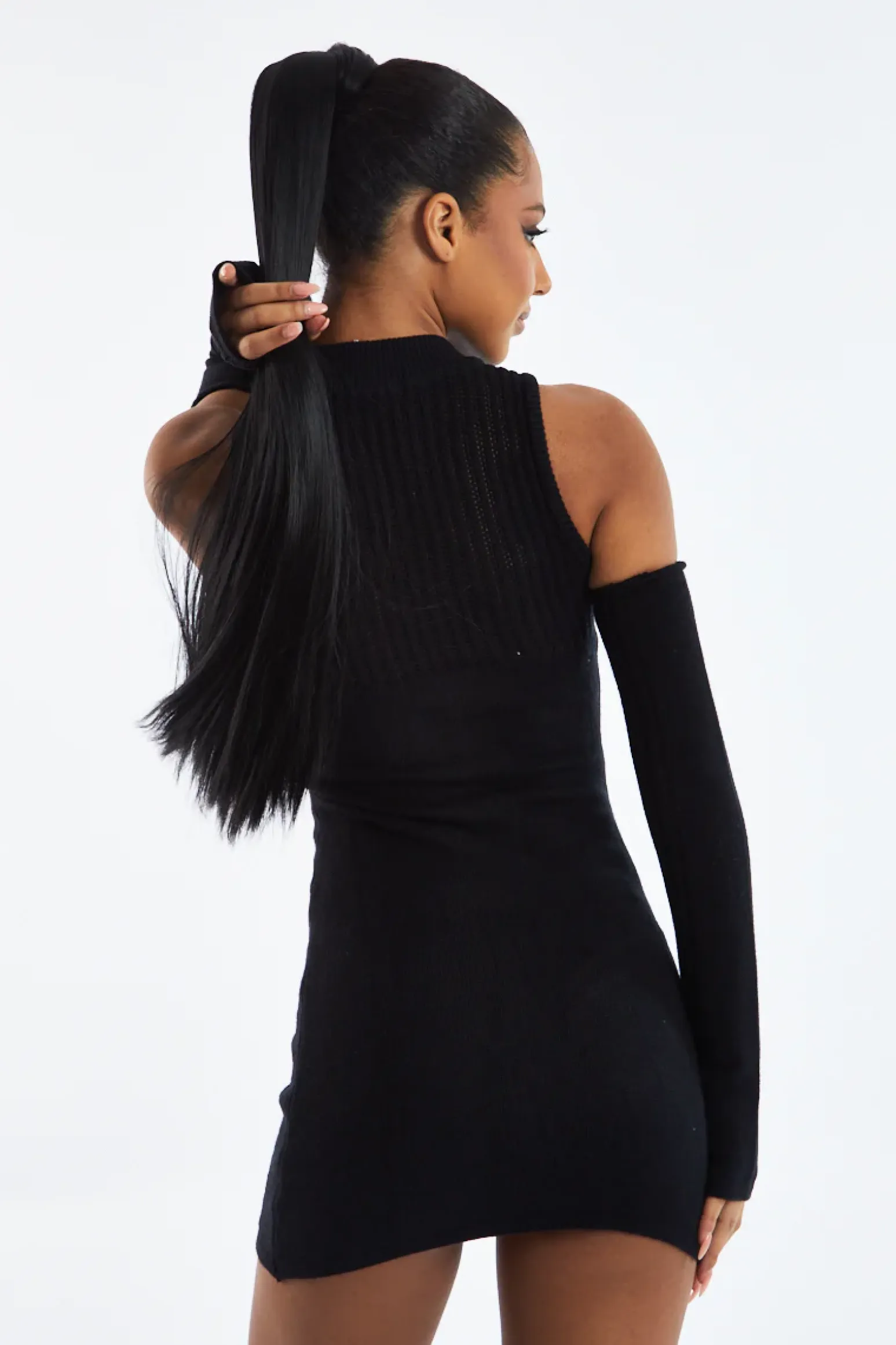 Rebellious Fashion Black Knitted Cold Shoulder Mini Dress - Ash