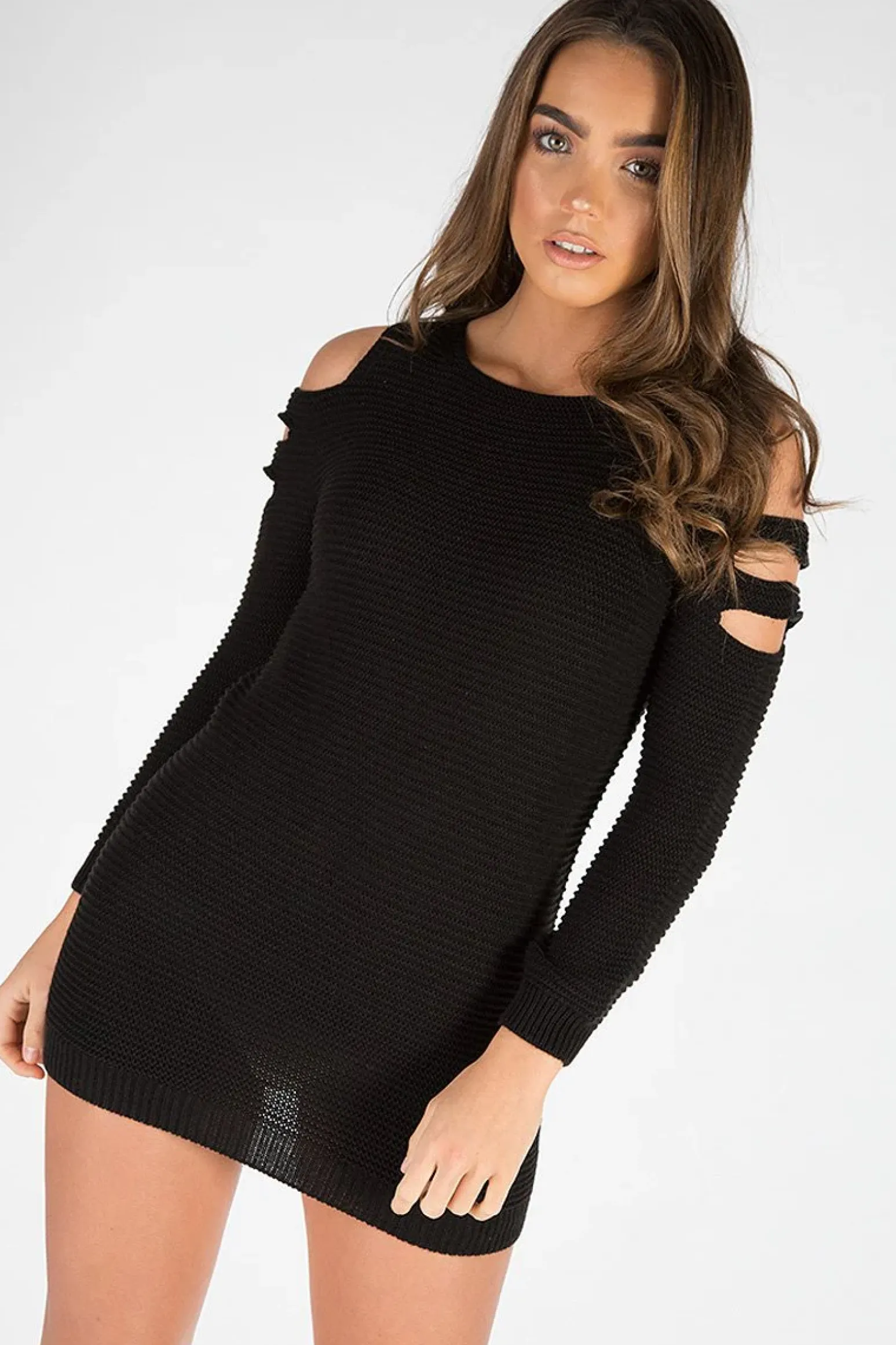 Rebellious Fashion Black Knitted Cold Shoulder Cut Out Jumper Dress - Sienna