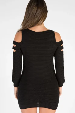 Rebellious Fashion Black Knitted Cold Shoulder Cut Out Jumper Dress - Sienna