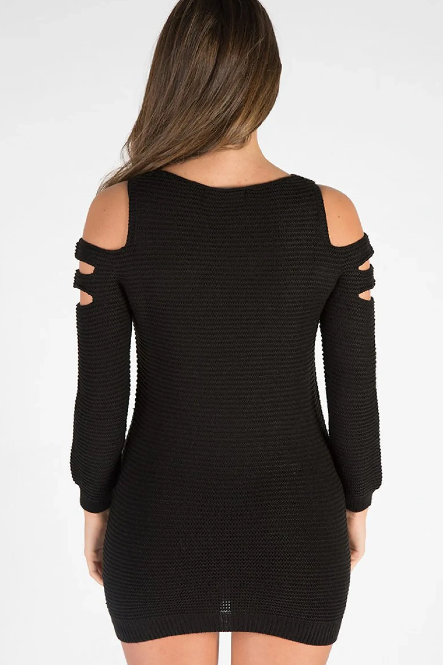 Rebellious Fashion Black Knitted Cold Shoulder Cut Out Jumper Dress - Sienna