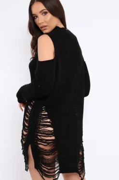 Rebellious Fashion Black Knitted Cut Out Front Cold Shoulder Distressed Jumper Dress - Jamie