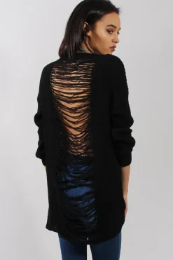 Rebellious Fashion Black Knitted Distressed Back Jumper Dress - Cara
