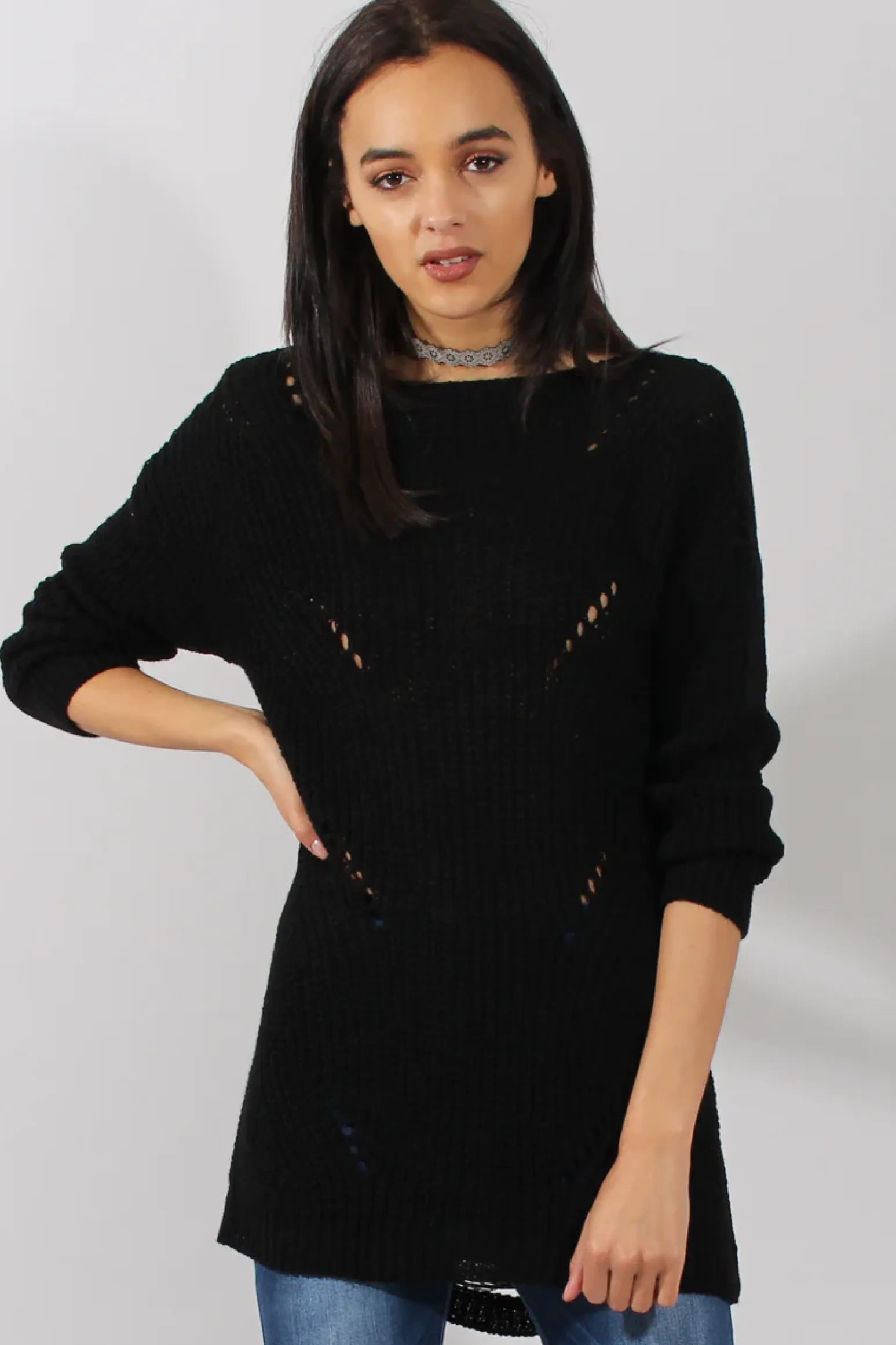 Rebellious Fashion Black Knitted Distressed Back Jumper Dress - Cara