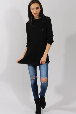 Rebellious Fashion Black Knitted Distressed Back Jumper Dress - Cara