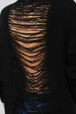 Rebellious Fashion Black Knitted Distressed Back Jumper Dress - Cara