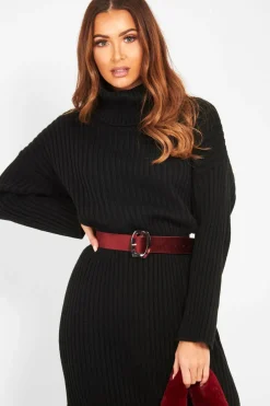 Rebellious Fashion Black Knitted Roll Neck Jumper Dress - Cecily