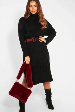 Rebellious Fashion Black Knitted Roll Neck Jumper Dress - Cecily