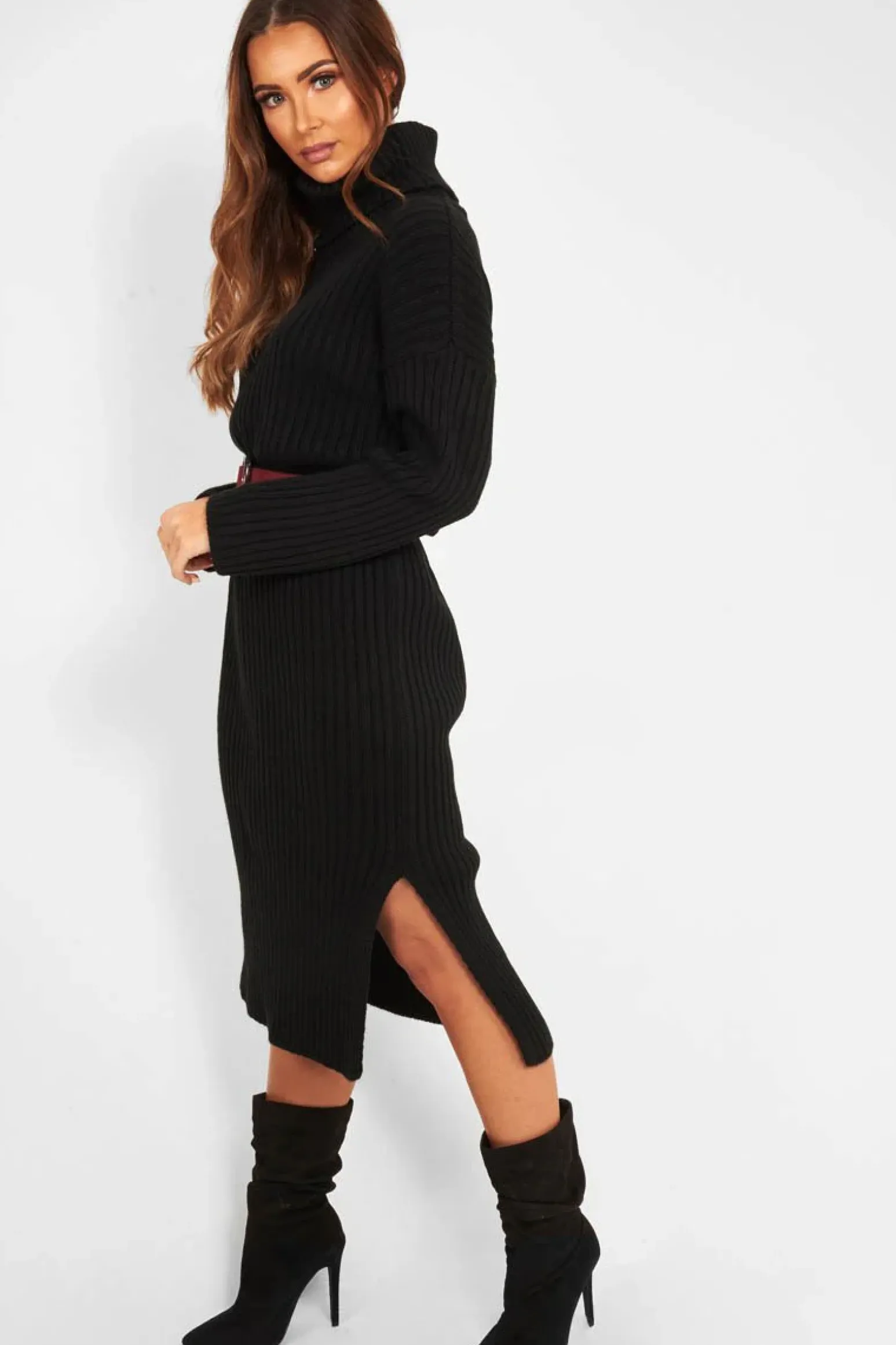 Rebellious Fashion Black Knitted Roll Neck Jumper Dress - Cecily
