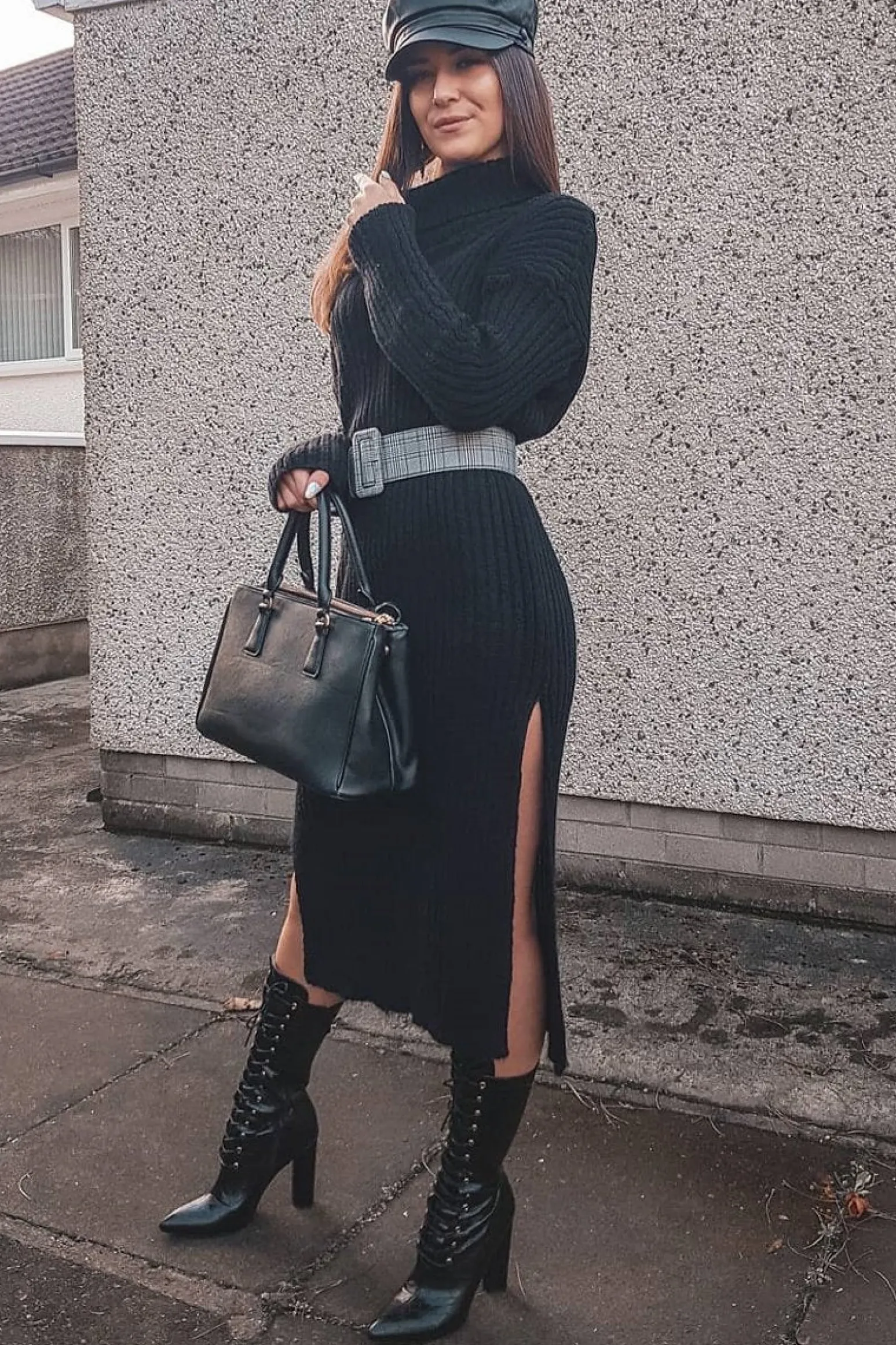 Rebellious Fashion Black Knitted Roll Neck Jumper Dress - Cecily