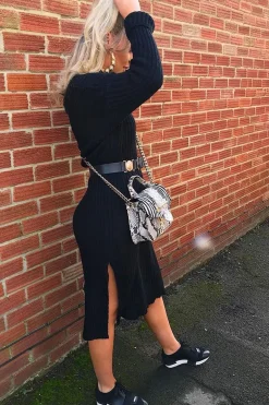Rebellious Fashion Black Knitted Roll Neck Jumper Dress - Cecily