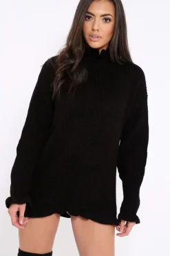 Rebellious Fashion Black Knitted Ruffle Jumper Dress with Elasticated hems - Velma