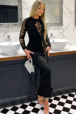 Rebellious Fashion Black Knot Detail Long Sleeve Midi Dress - Aviva
