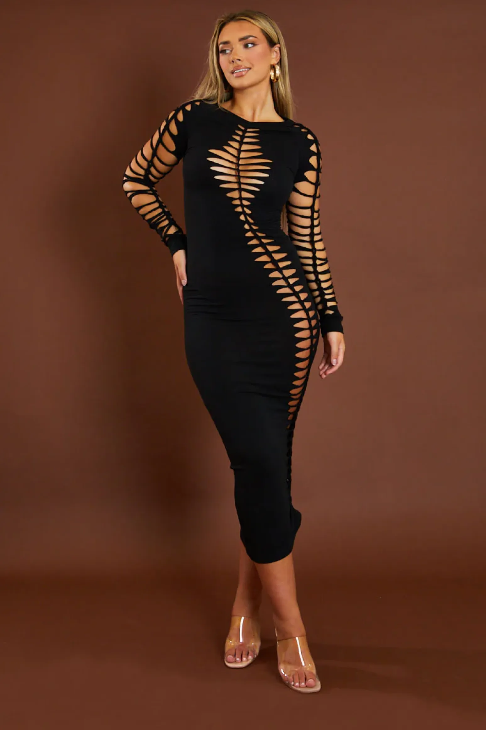 Rebellious Fashion Black Knot Detail Long Sleeve Midi Dress - Aviva