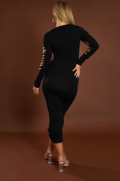 Rebellious Fashion Black Knot Detail Long Sleeve Midi Dress - Aviva