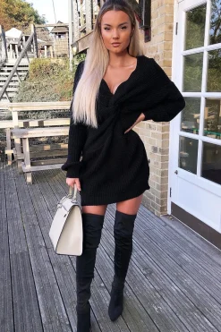 Rebellious Fashion Black Knot Front Jumper Dress - Hydee